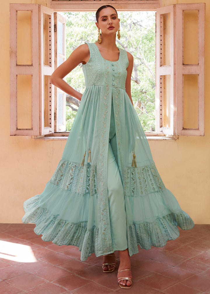 Light Blue Georgette Anarkali Gown with Intricate Zari, Sequin, and Thread Embroidery