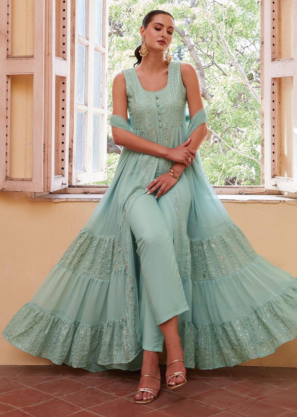 Light Blue Georgette Anarkali Gown with Intricate Zari, Sequin, and Thread Embroidery