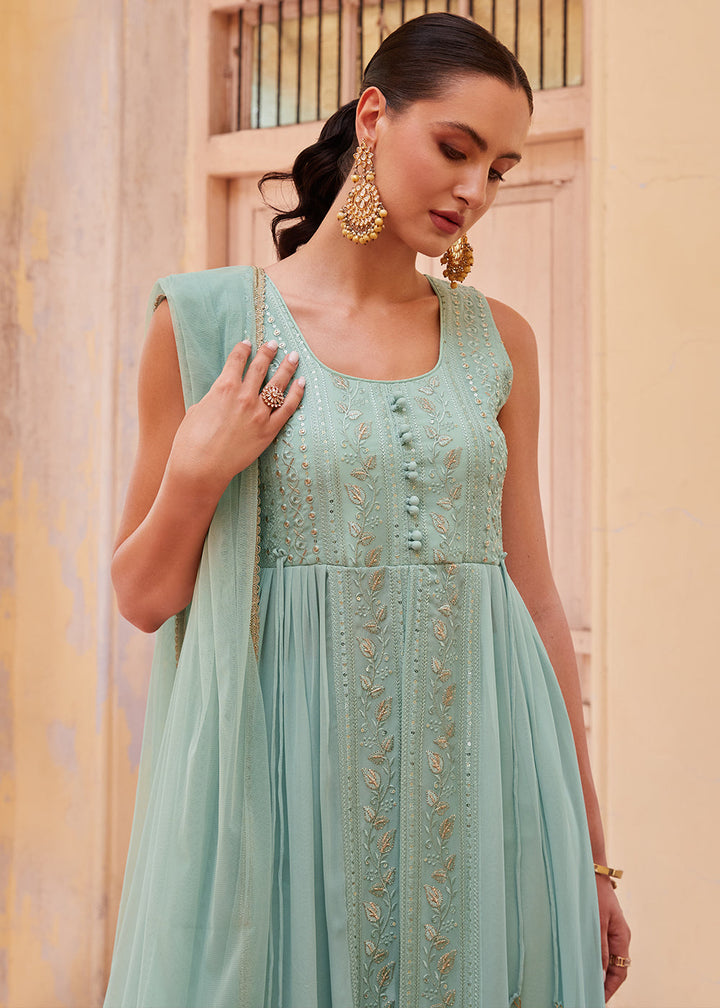 Light Blue Georgette Anarkali Gown with Intricate Zari, Sequin, and Thread Embroidery