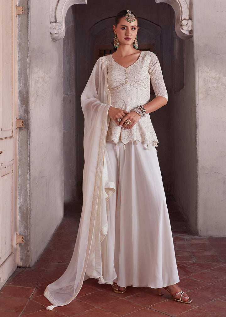 Parchment White Designer Georgette Sharara Top with Zari, Thread, and Sequins Embroidery