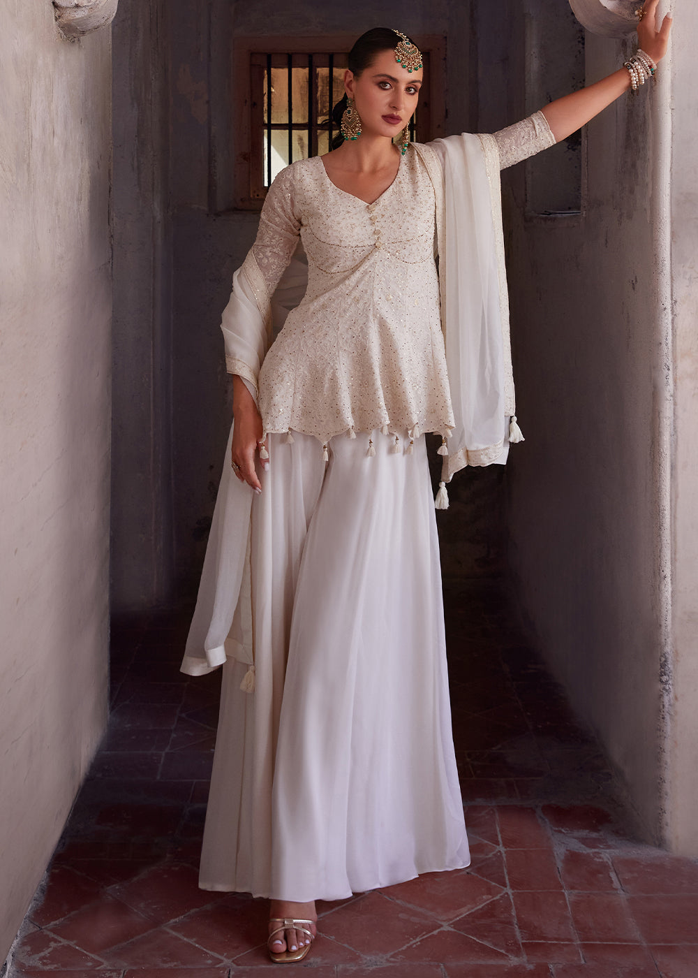 Parchment White Designer Georgette Sharara Top with Zari, Thread, and Sequins Embroidery