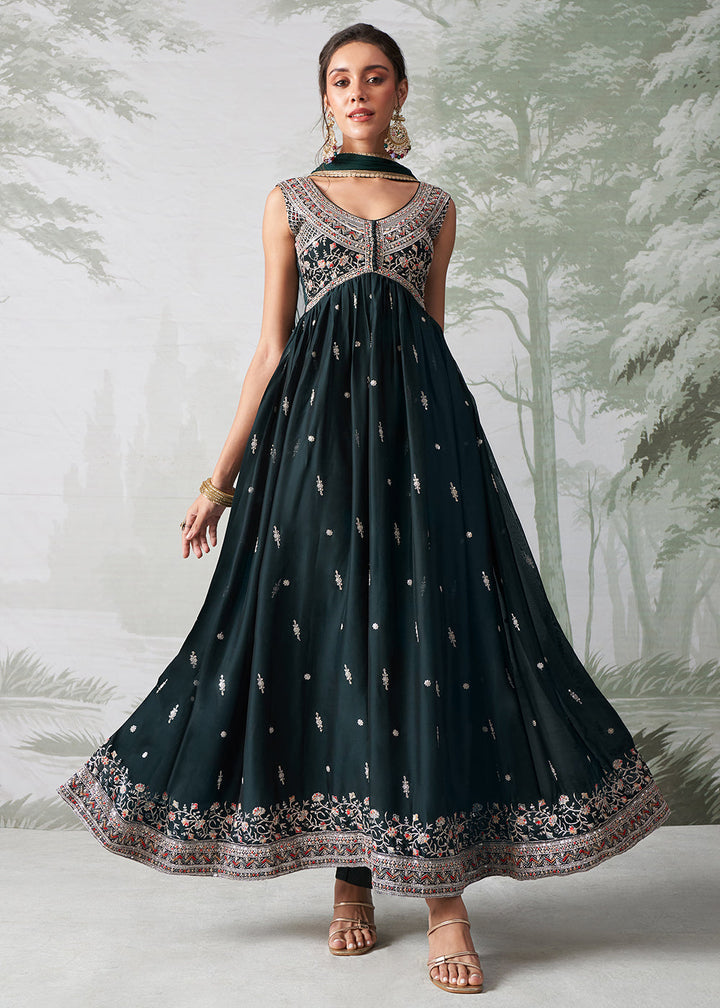 Sacramento Green Anarkali Gown Crafted with Multi-Thread, Zari & Sequin Embroidery