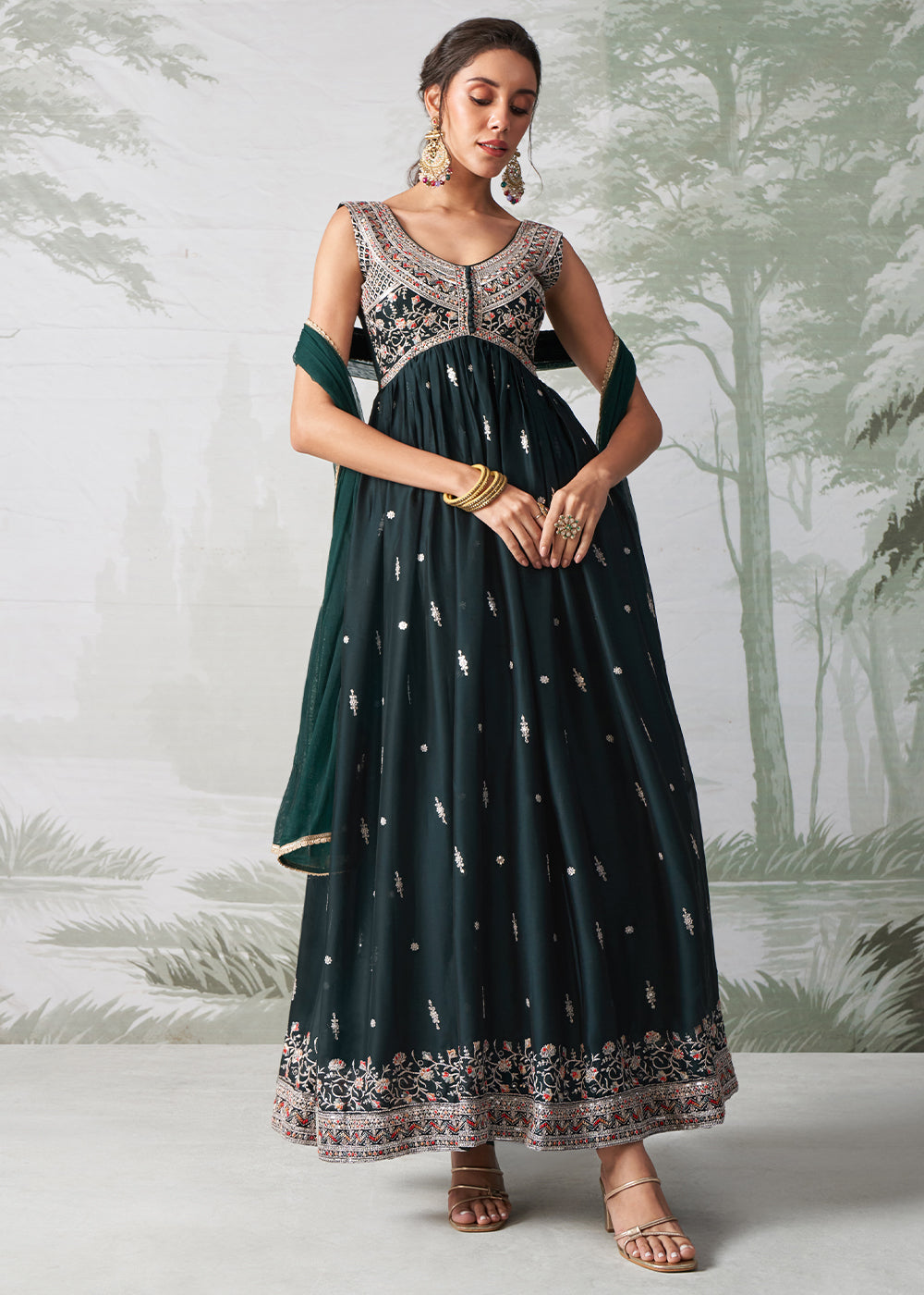 Sacramento Green Anarkali Gown Crafted with Multi-Thread, Zari & Sequin Embroidery