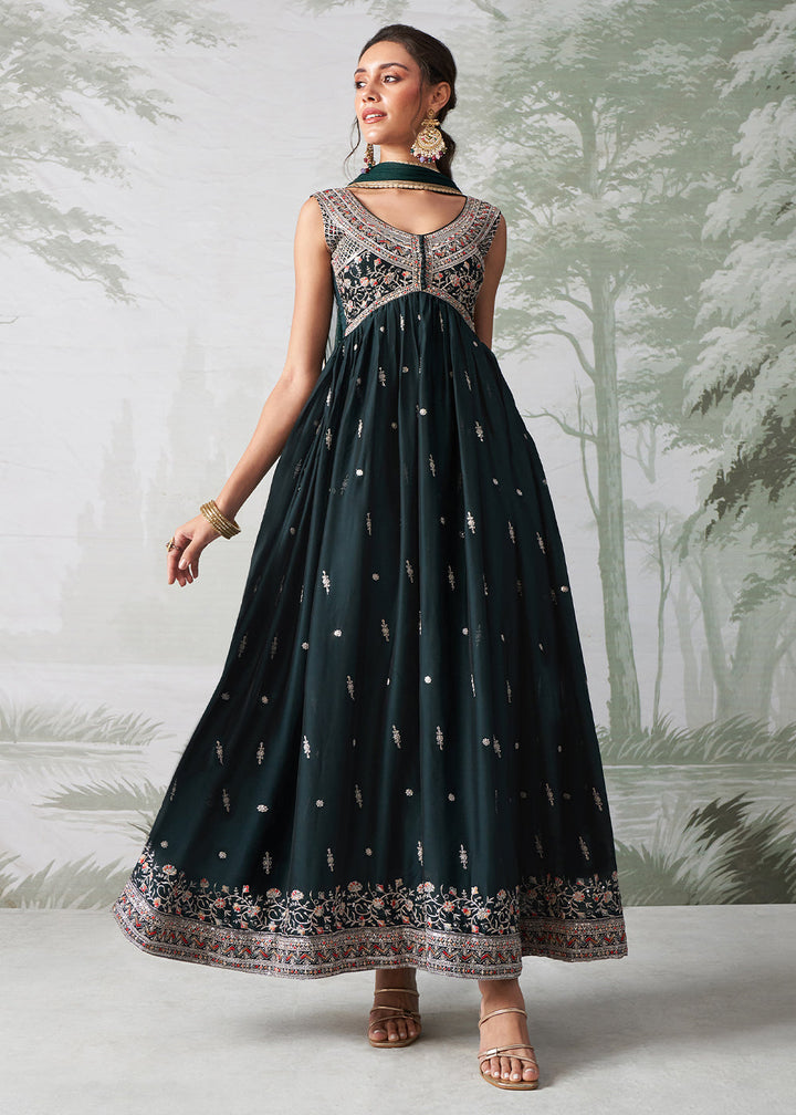 Sacramento Green Anarkali Gown Crafted with Multi-Thread, Zari & Sequin Embroidery