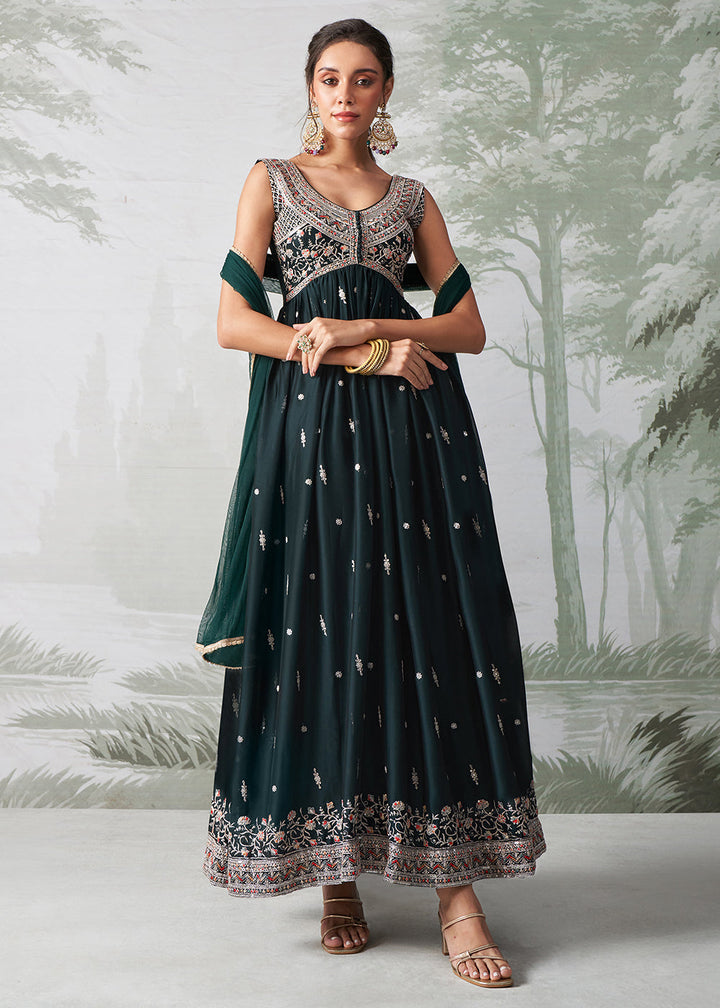 Sacramento Green Anarkali Gown Crafted with Multi-Thread, Zari & Sequin Embroidery