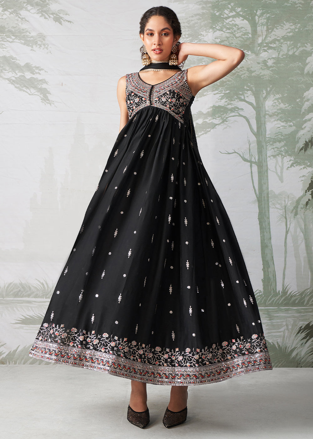 Onyx Black Anarkali Gown Crafted with Multi-Thread, Zari & Sequin Embroidery