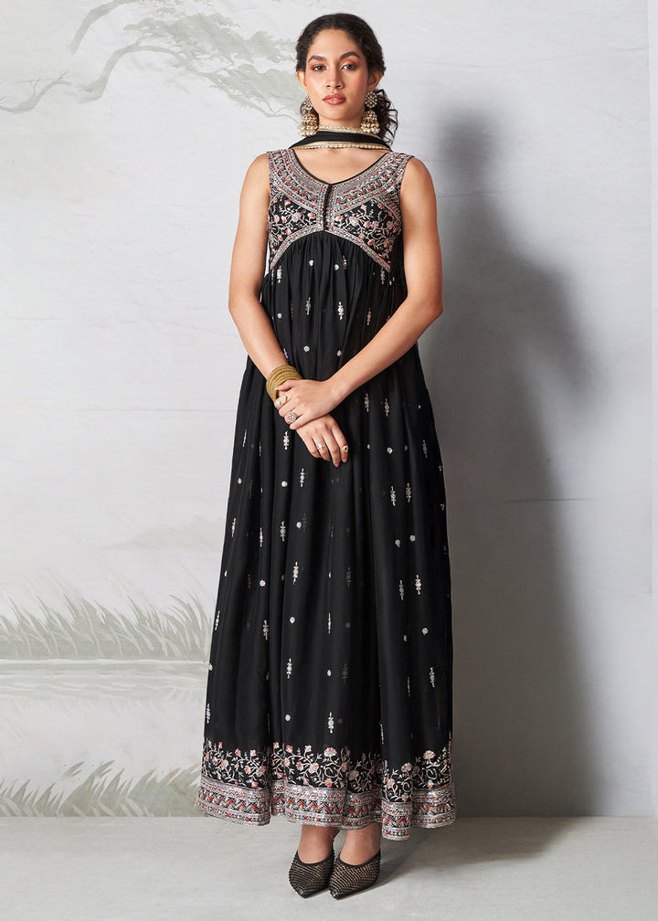 Onyx Black Anarkali Gown Crafted with Multi-Thread, Zari & Sequin Embroidery