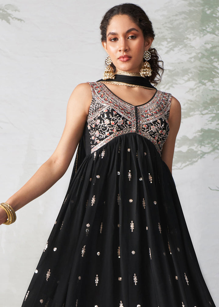 Onyx Black Anarkali Gown Crafted with Multi-Thread, Zari & Sequin Embroidery