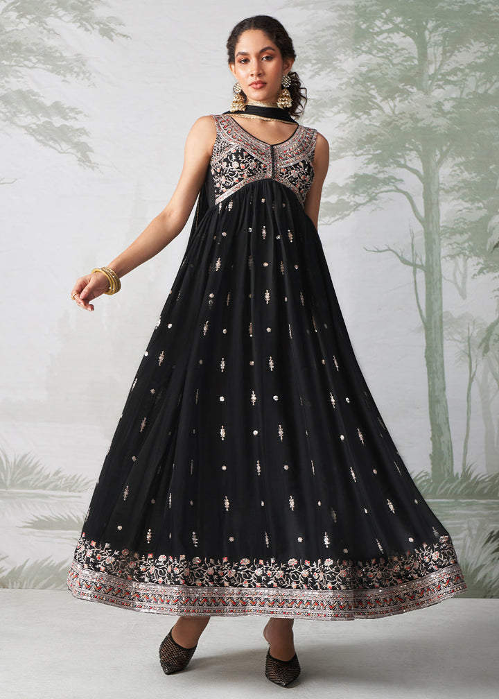 Onyx Black Anarkali Gown Crafted with Multi-Thread, Zari & Sequin Embroidery