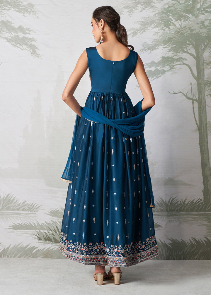 Egyptian Blue Anarkali Gown Crafted with Multi-Thread, Zari & Sequin Embroidery