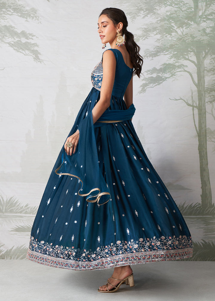 Egyptian Blue Anarkali Gown Crafted with Multi-Thread, Zari & Sequin Embroidery