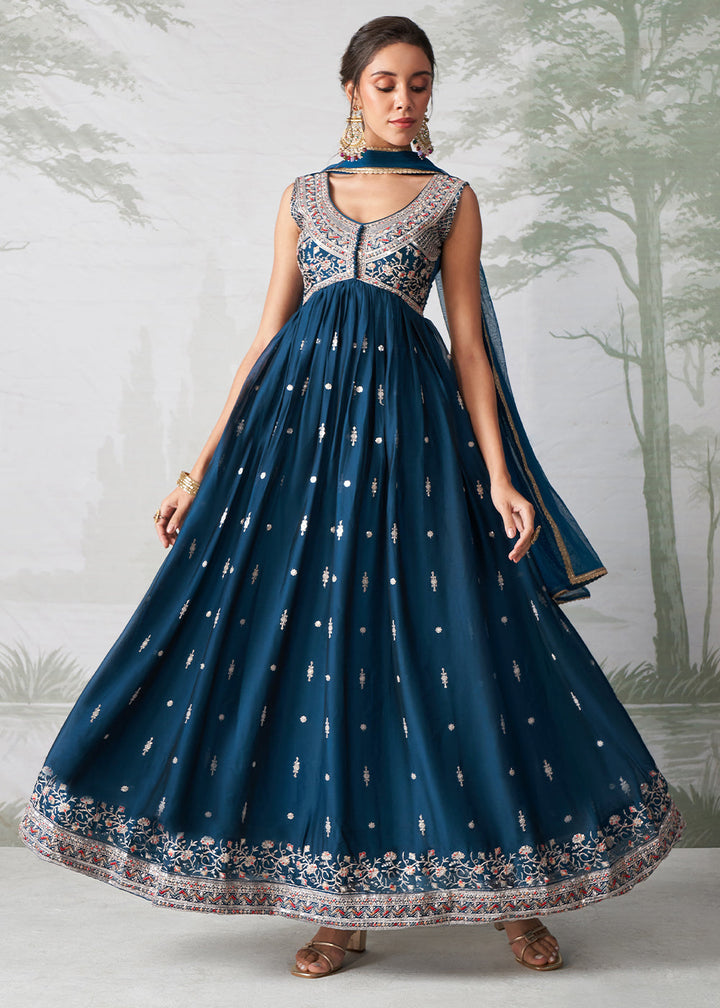 Egyptian Blue Anarkali Gown Crafted with Multi-Thread, Zari & Sequin Embroidery