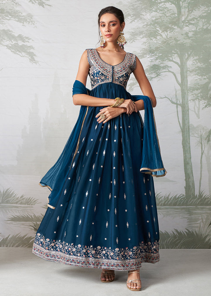 Egyptian Blue Anarkali Gown Crafted with Multi-Thread, Zari & Sequin Embroidery