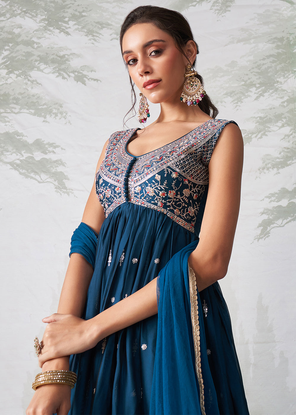 Egyptian Blue Anarkali Gown Crafted with Multi-Thread, Zari & Sequin Embroidery