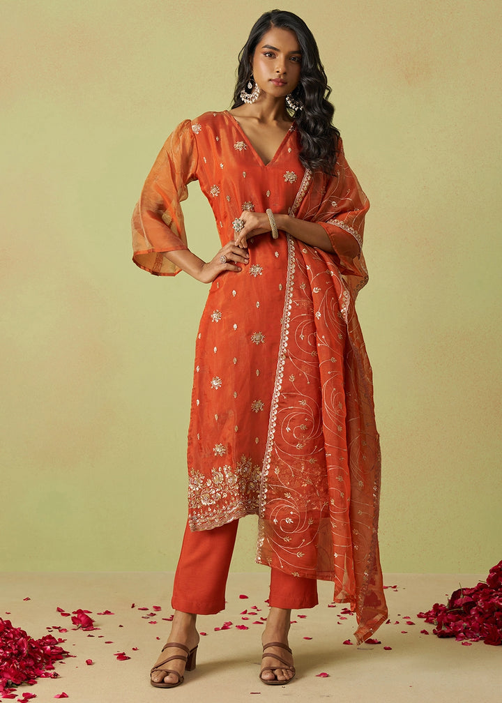 Persian Red Designer Organza Salwar Suit with Delicate Embroidery