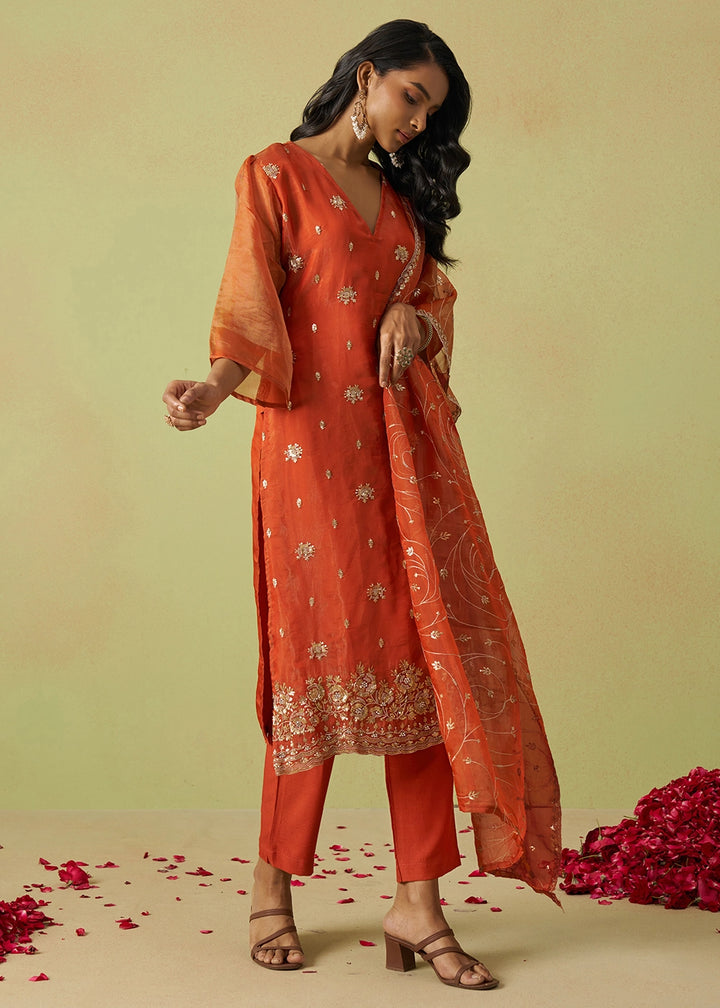 Persian Red Designer Organza Salwar Suit with Delicate Embroidery