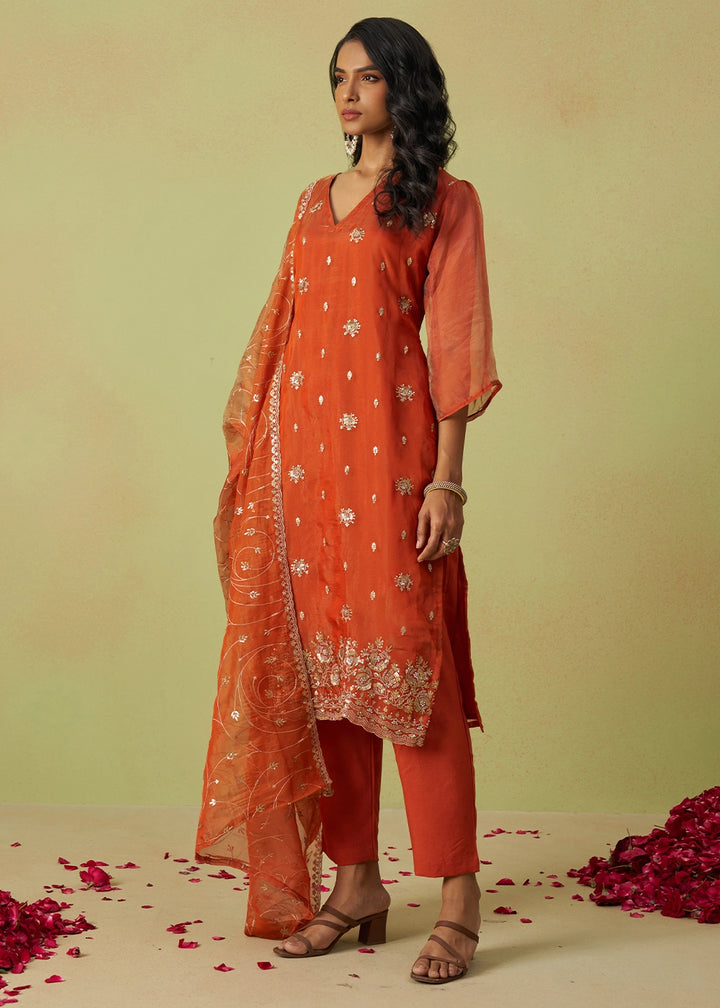 Persian Red Designer Organza Salwar Suit with Delicate Embroidery