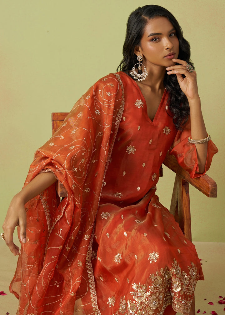 Persian Red Designer Organza Salwar Suit with Delicate Embroidery