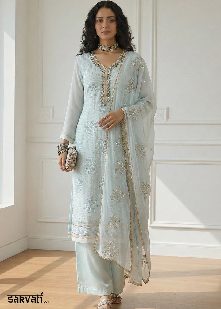 Light Blue Georgette Embellished Salwar Suit with Sequins and Thread Work