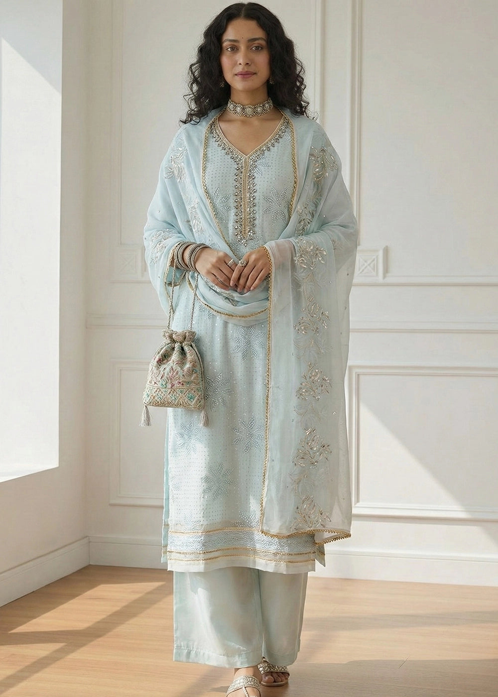 Light Blue Georgette Embellished Salwar Suit with Sequins and Thread Work