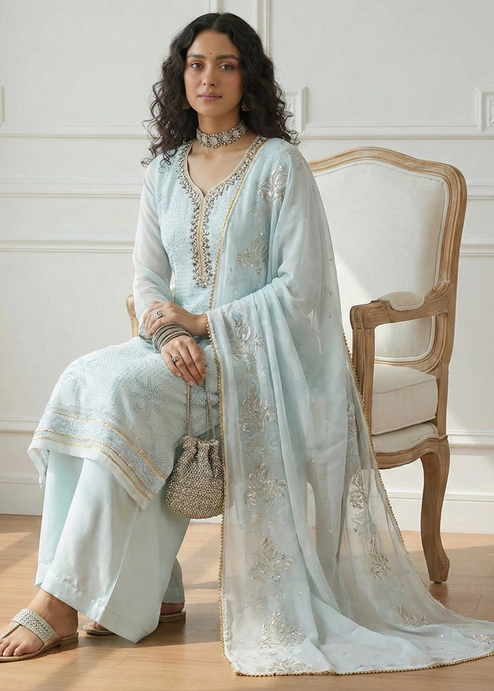 Light Blue Georgette Embellished Salwar Suit with Sequins and Thread Work