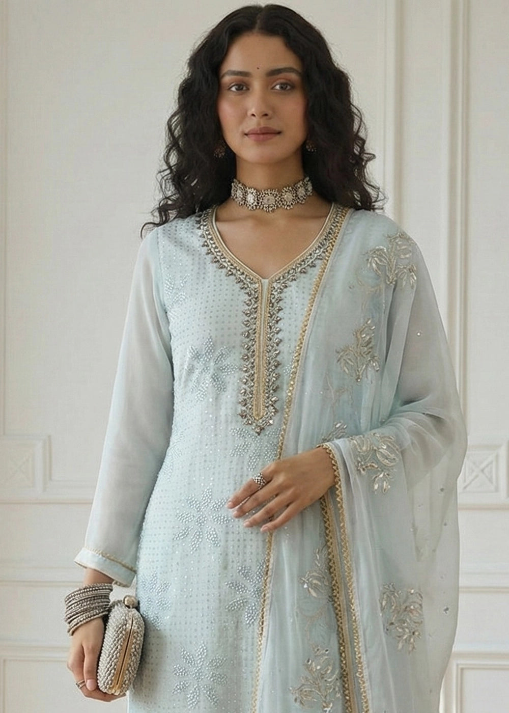 Light Blue Georgette Embellished Salwar Suit with Sequins and Thread Work