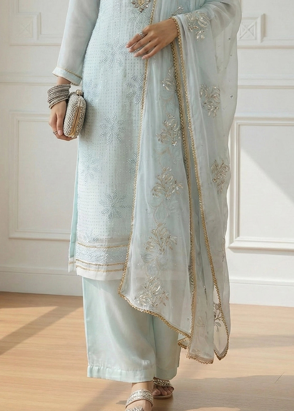 Light Blue Georgette Embellished Salwar Suit with Sequins and Thread Work