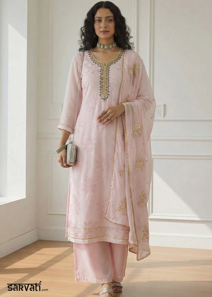Baby Pink Georgette Embellished Salwar Suit with Sequins and Thread Work