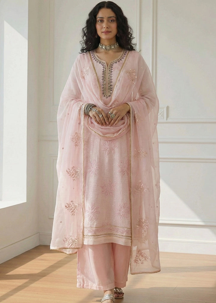 Baby Pink Georgette Embellished Salwar Suit with Sequins and Thread Work
