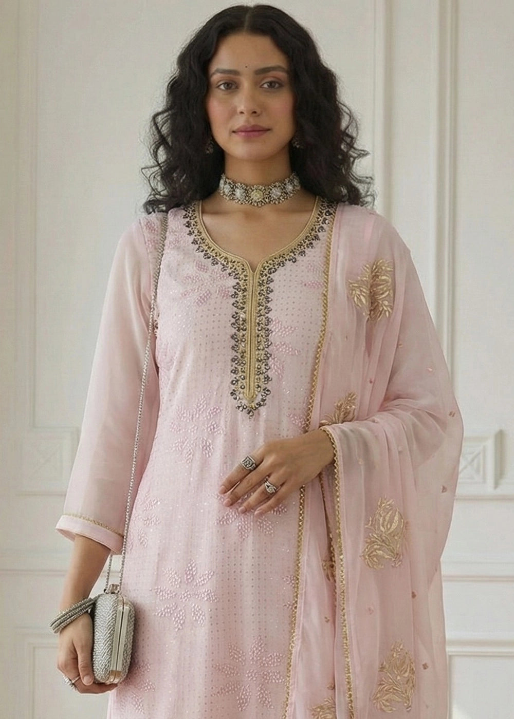 Baby Pink Georgette Embellished Salwar Suit with Sequins and Thread Work