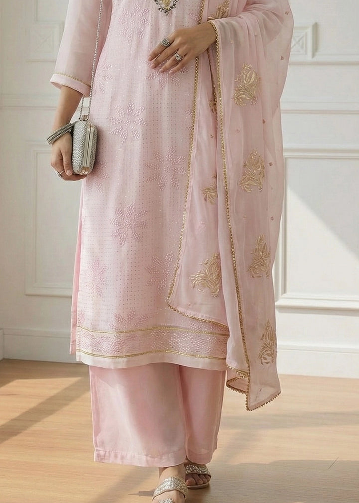 Baby Pink Georgette Embellished Salwar Suit with Sequins and Thread Work