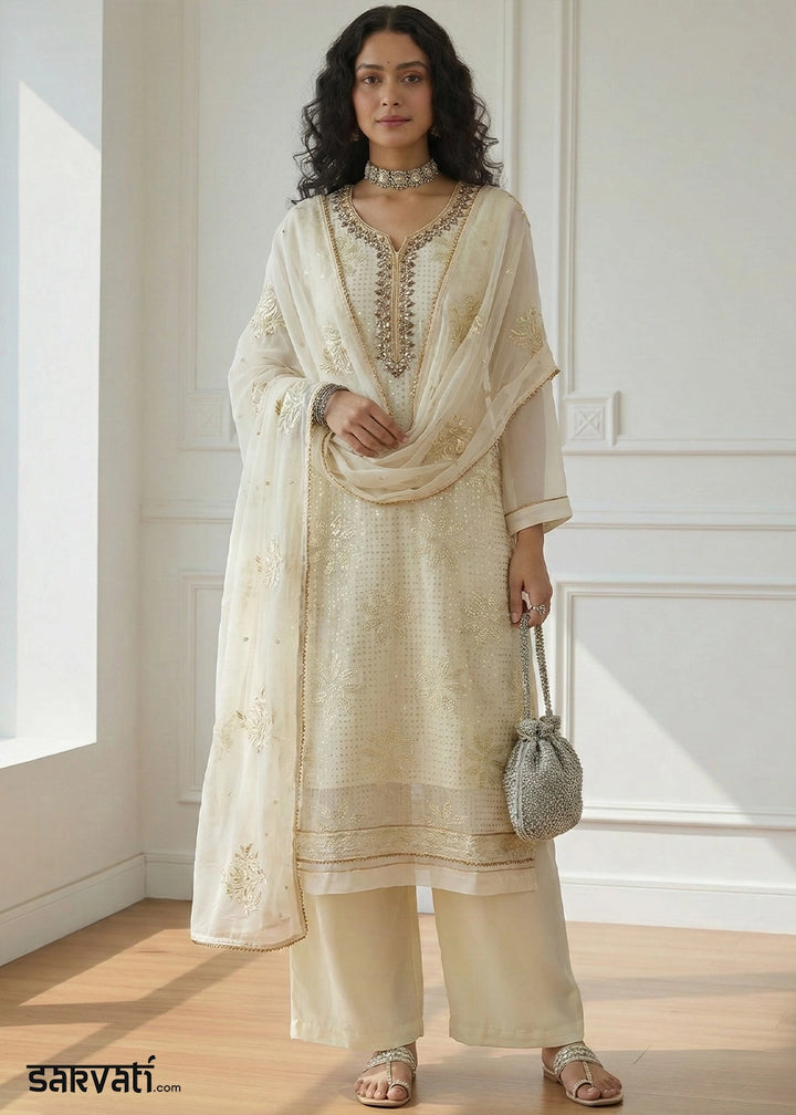 Light Yellow Georgette Embellished Salwar Suit with Sequins and Thread Work