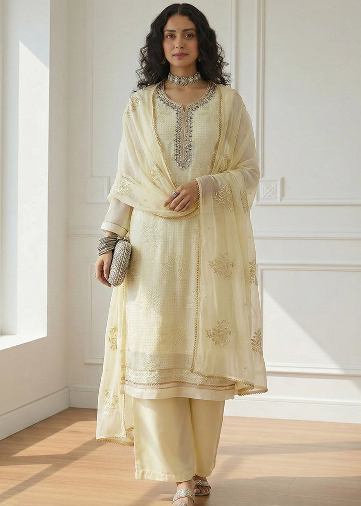 Light Yellow Georgette Embellished Salwar Suit with Sequins and Thread Work