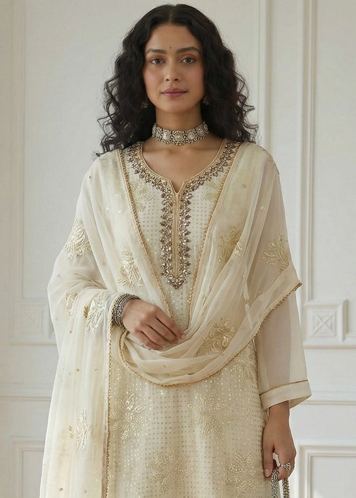 Light Yellow Georgette Embellished Salwar Suit with Sequins and Thread Work