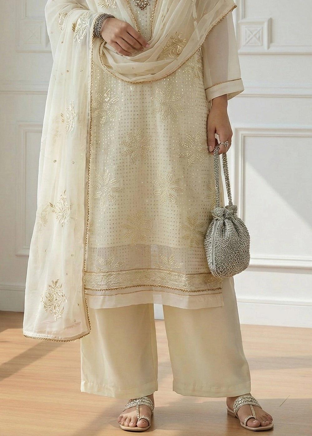 Light Yellow Georgette Embellished Salwar Suit with Sequins and Thread Work