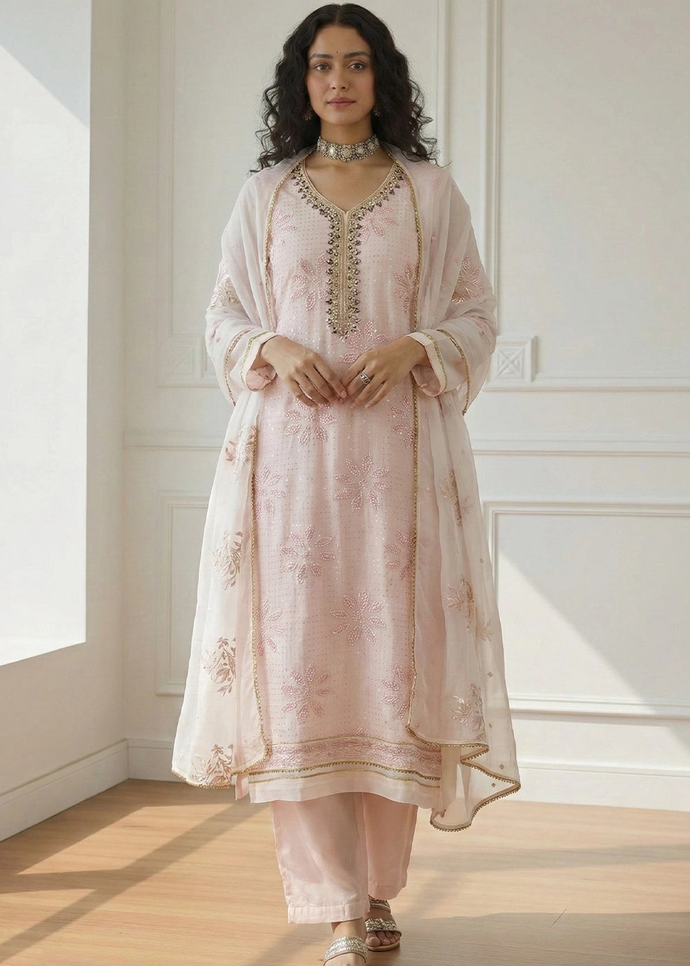 Lace Pink Georgette Embellished Salwar Suit with Sequins and Thread Work