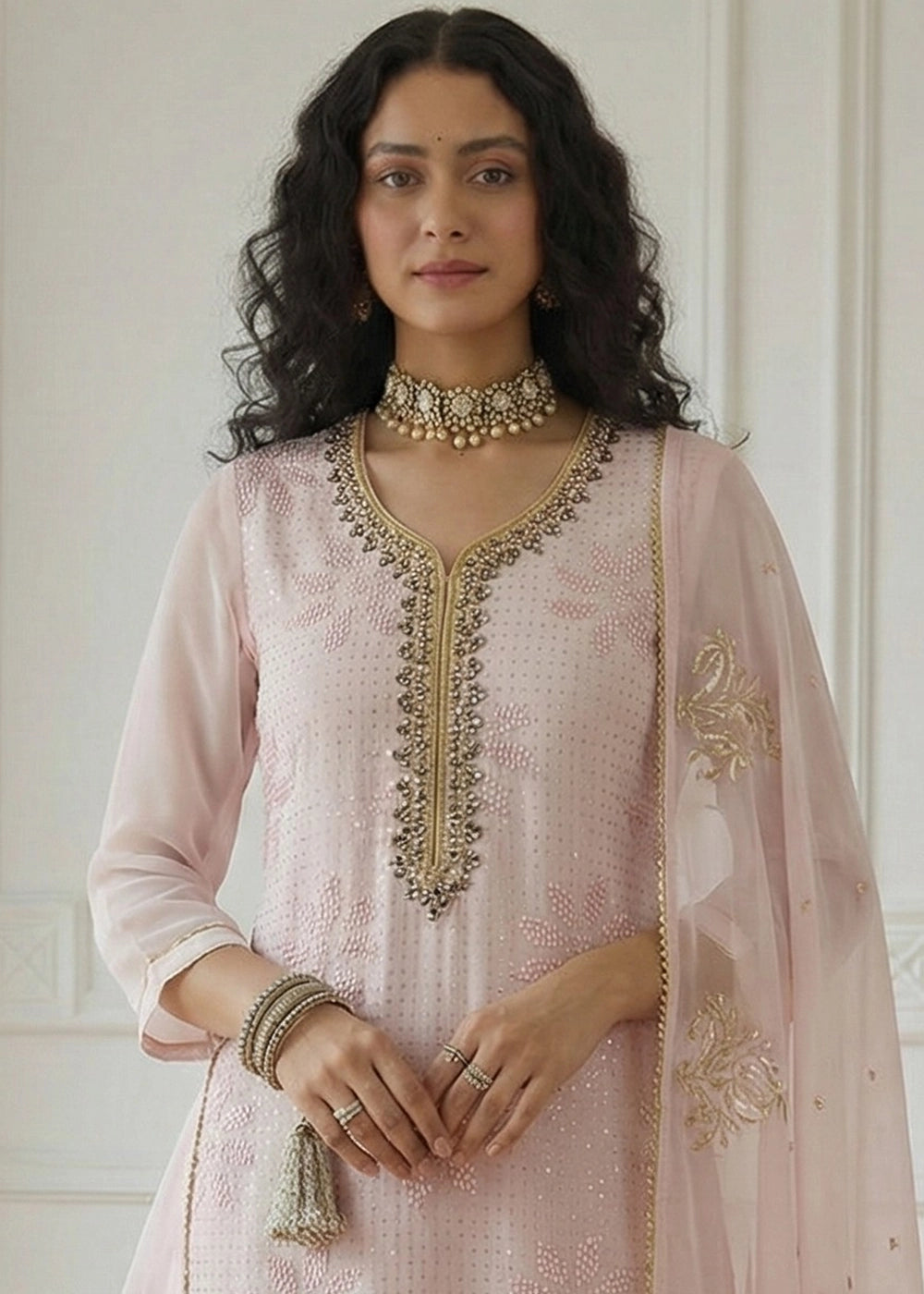 Lace Pink Georgette Embellished Salwar Suit with Sequins and Thread Work