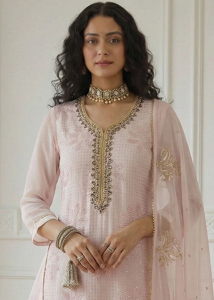 Lace Pink Georgette Embellished Salwar Suit with Sequins and Thread Work