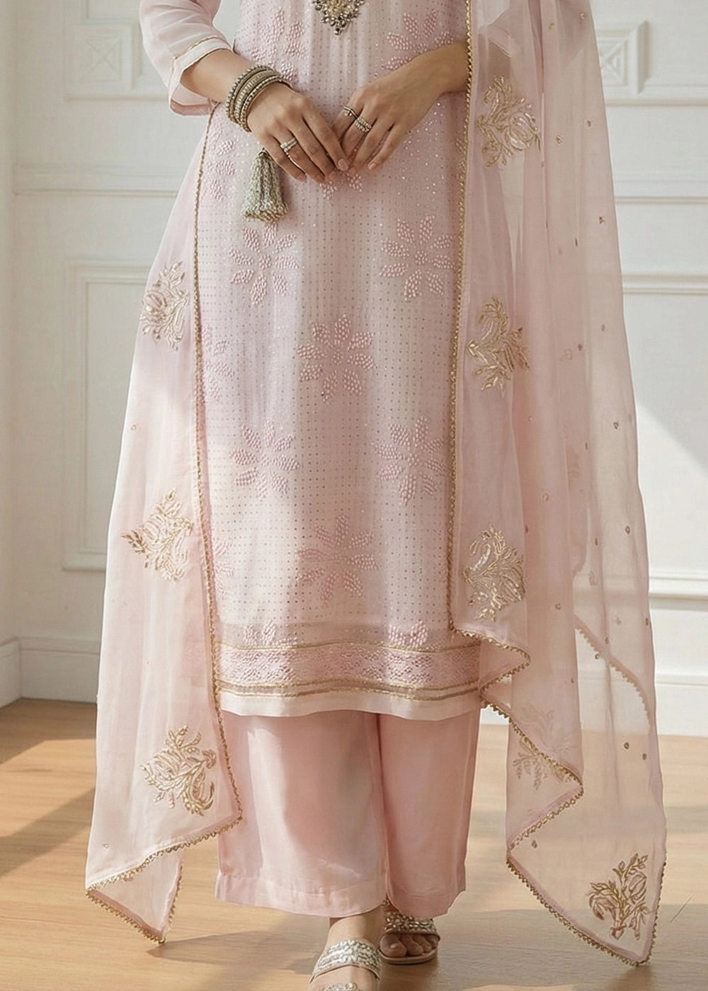 Lace Pink Georgette Embellished Salwar Suit with Sequins and Thread Work