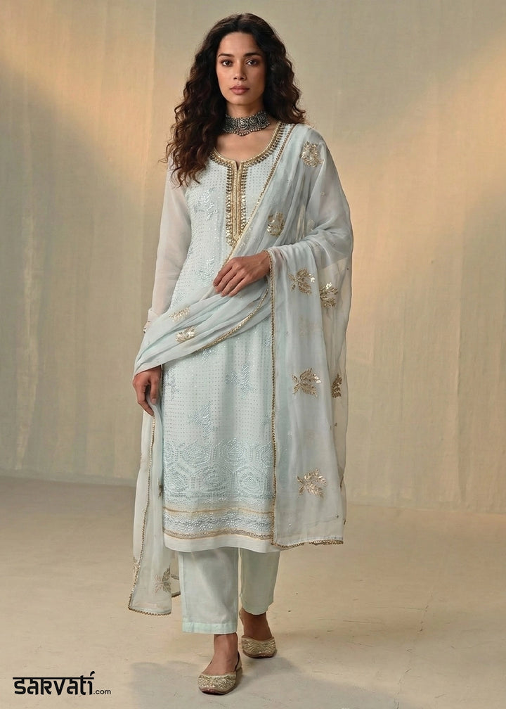 Ice Blue Georgette Trouser Suit with Thread & Sequin Work