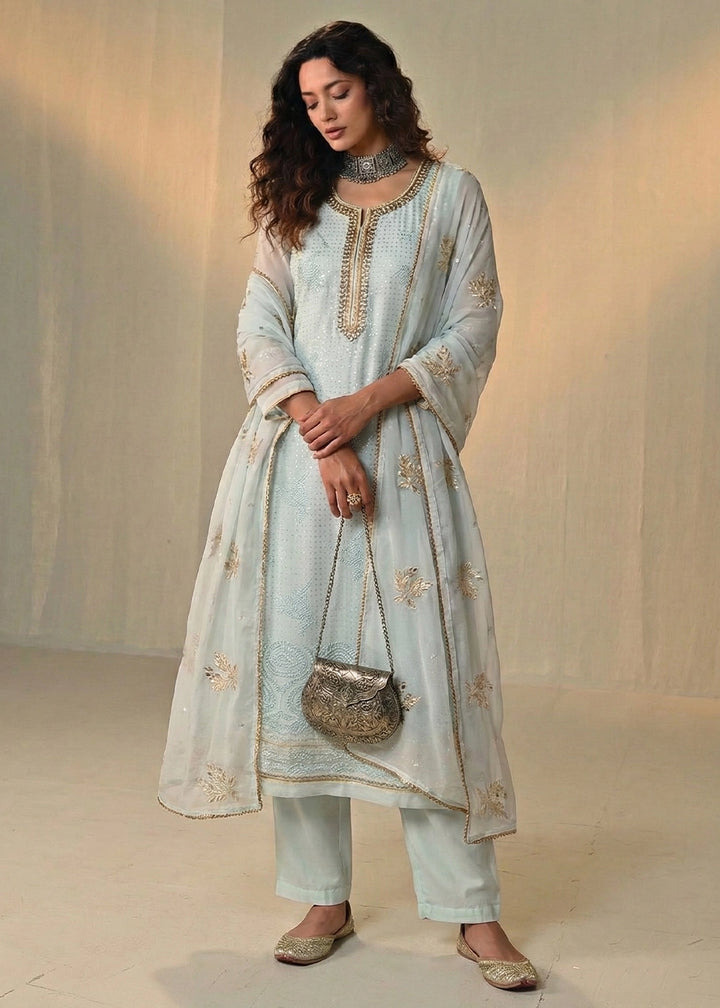Ice Blue Georgette Trouser Suit with Thread & Sequin Work
