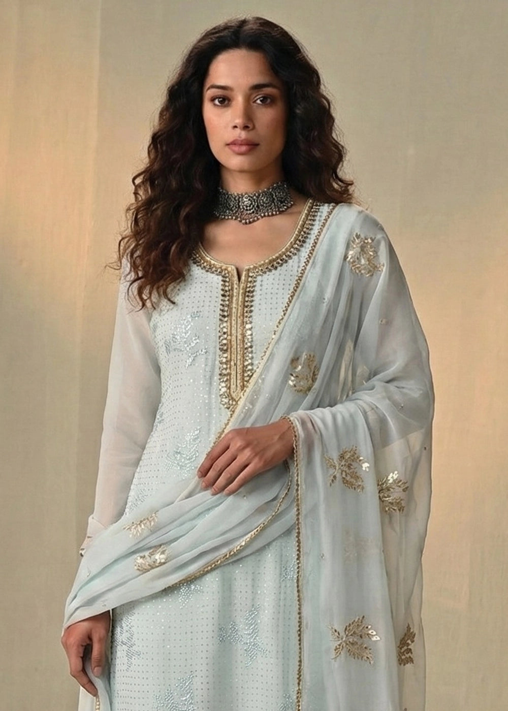 Ice Blue Georgette Trouser Suit with Thread & Sequin Work