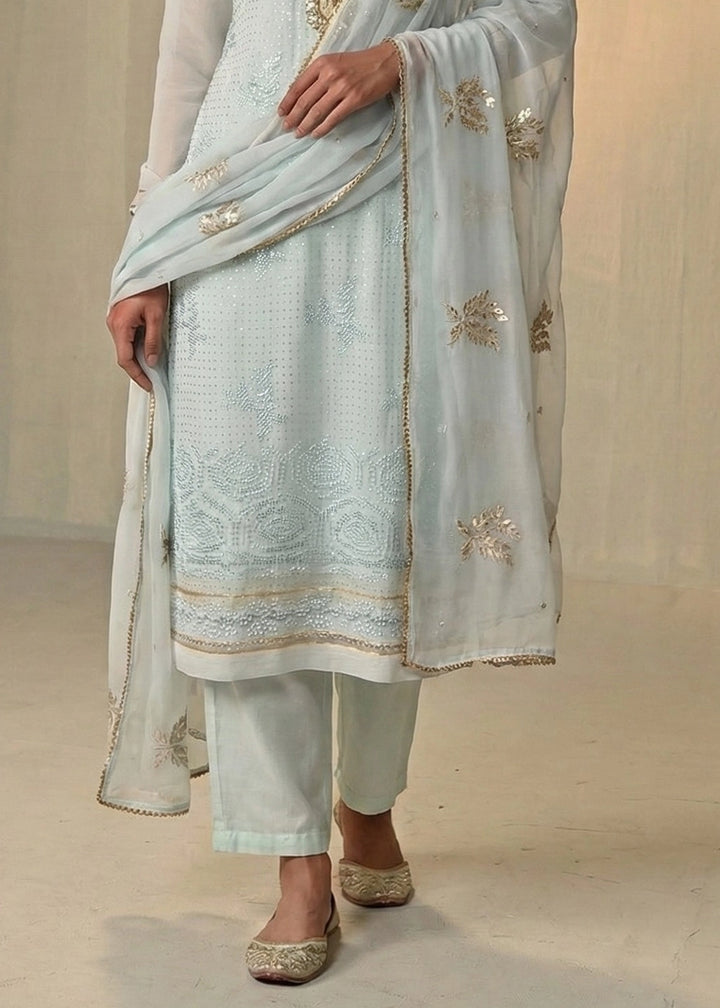 Ice Blue Georgette Trouser Suit with Thread & Sequin Work