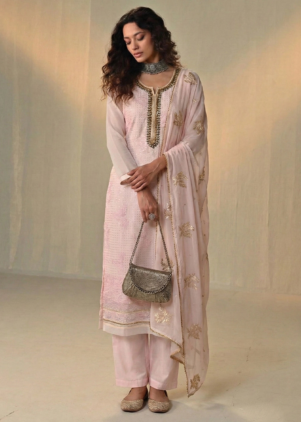 Soft Pink Georgette Trouser Suit with Thread & Sequin Work