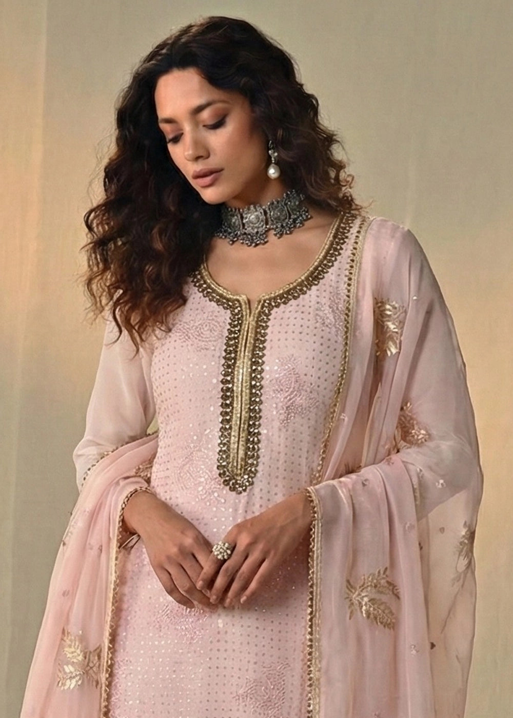 Soft Pink Georgette Trouser Suit with Thread & Sequin Work