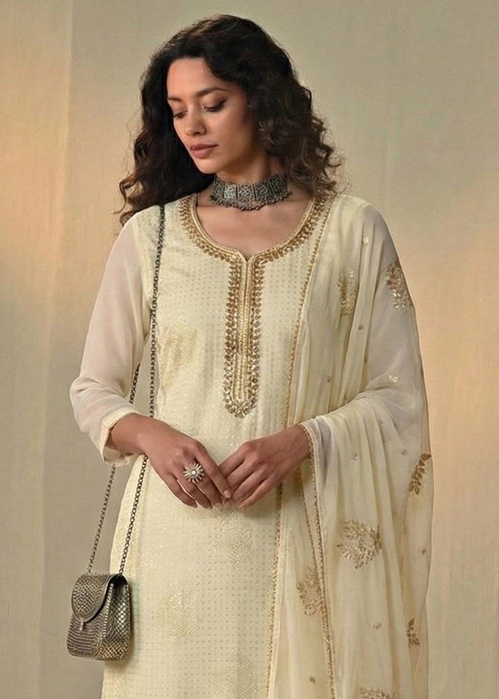 Light Yellow Georgette Trouser Suit with Thread & Sequin Work