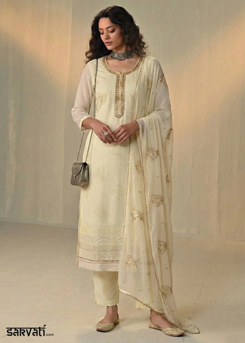 Light Yellow Georgette Trouser Suit with Thread & Sequin Work