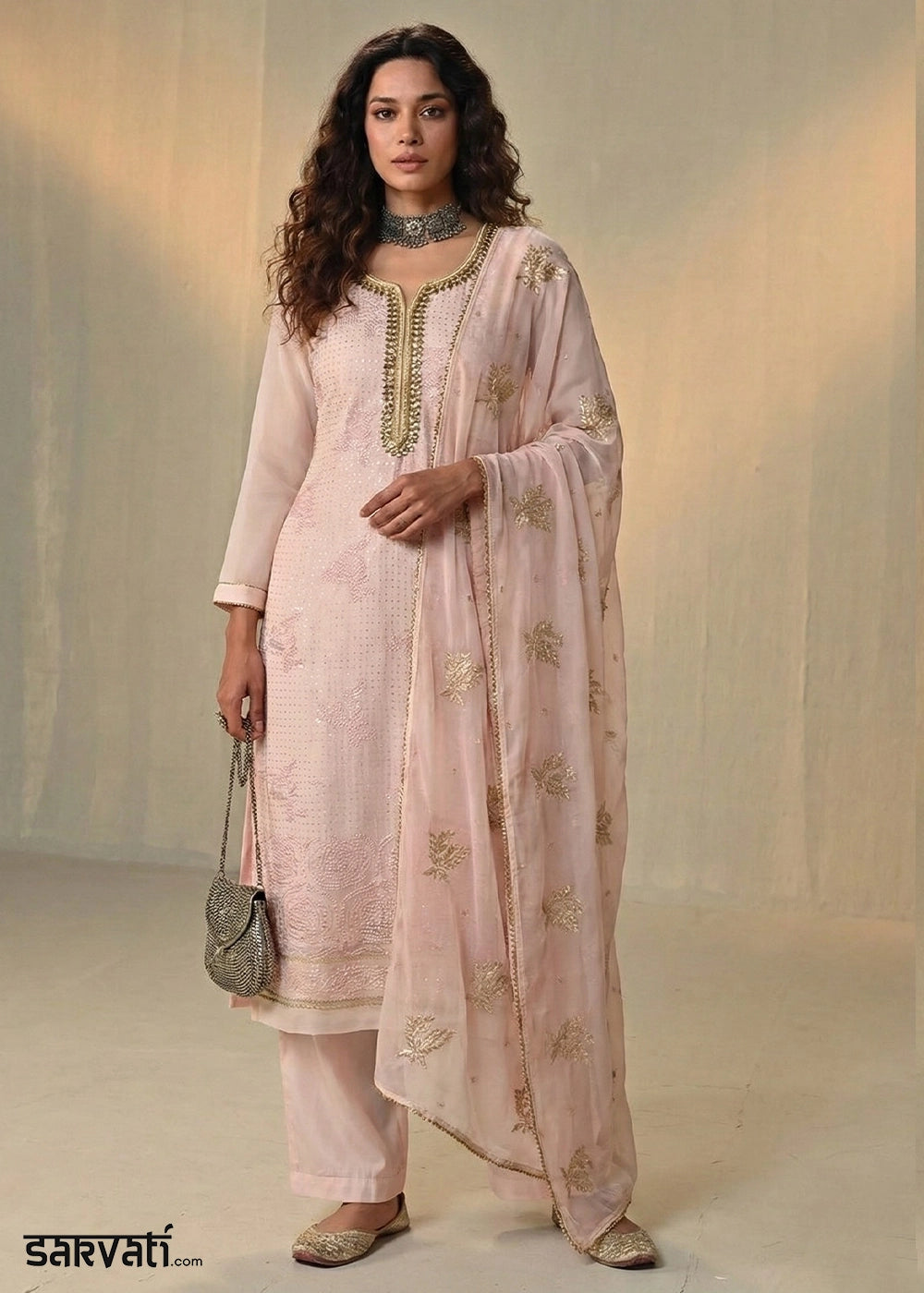 Baby Pink Georgette Trouser Suit with Thread & Sequin Work