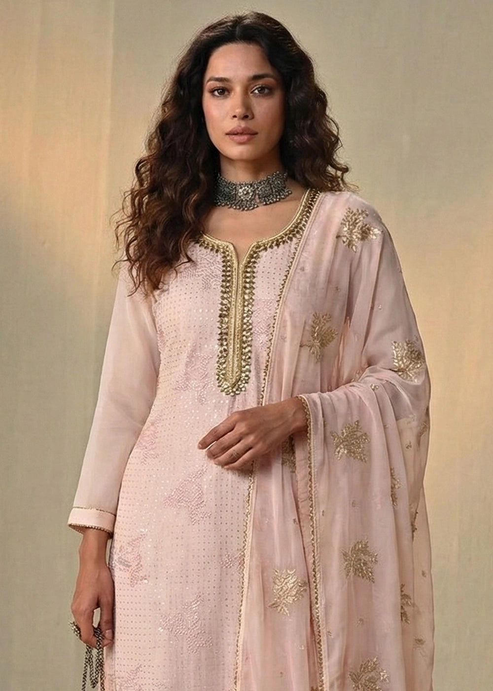 Baby Pink Georgette Trouser Suit with Thread & Sequin Work