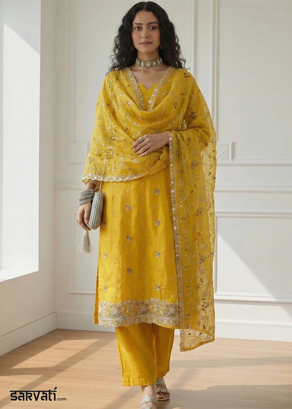 Canary Yellow Shimmer Organza Suit Set with Thread and Embellished Work